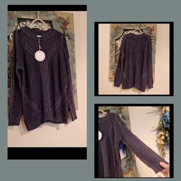 Umgee Dark Gray Cable Knit Cold Shoulder Sweater. NWT Size Large - Picture 5 of 13